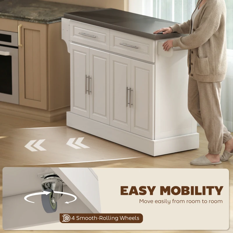 HOMCOM Rolling Kitchen Island with Storage and Stainless Steel Top, Kitchen Trolley with Drawers, Cabinets, Towel Rack