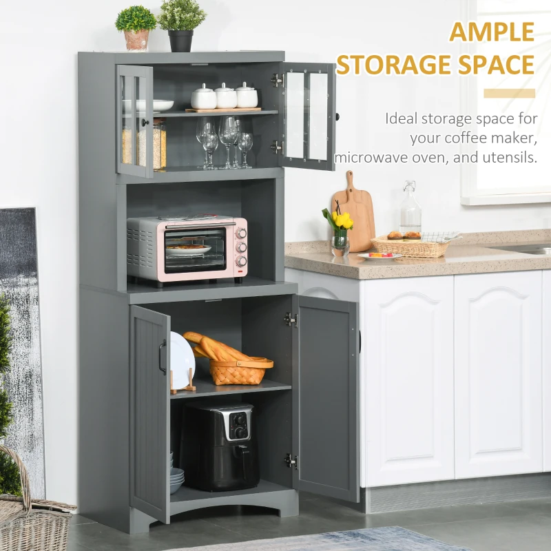 HOMCOM Storage Cabinet with Adjustable Shelves and Microwave Space, 70" Pantry Cabinet with Glass Framed Door, Gray