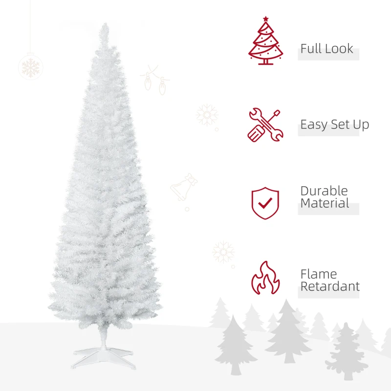 HOMCOM 6ft Unlit Pencil Artificial Christmas Tree with Realistic Branches and 390 Tips, Plastic Base, White