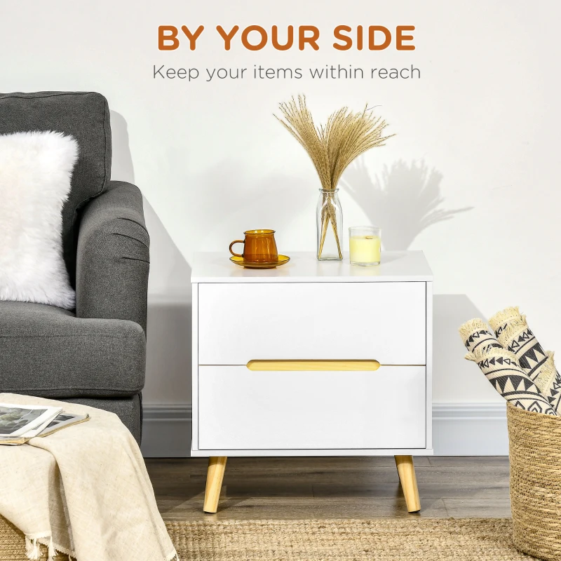HOMCOM Nightstand, Bedside Table with 2 Drawers, Modern Side End Table with Solid Wood Legs for Bedroom, White