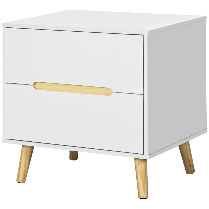 HOMCOM Nightstand, Bedside Table with 2 Drawers, Modern Side End Table with Solid Wood Legs for Bedroom, White