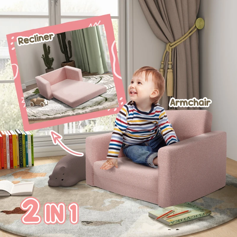 Qaba 2 in 1 Kids Fold Out Chair Convertible Sofa to Lounger w/ Washable Cover for Boys and Girls, Pink