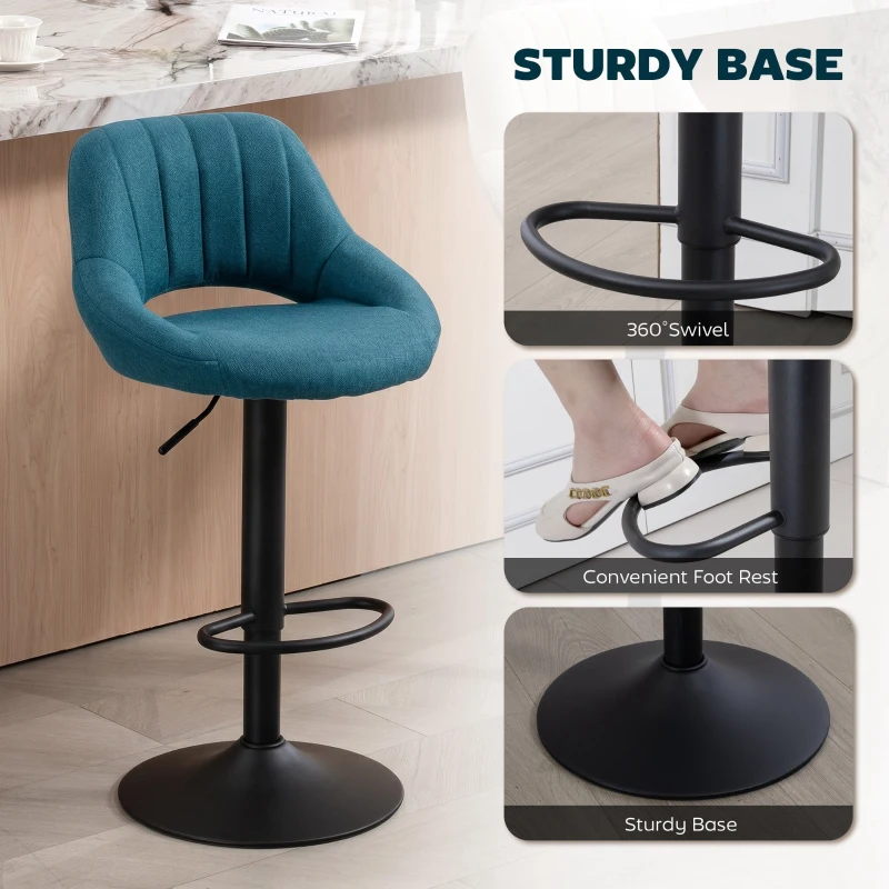HOMCOM Bar Stools Set of 2, Swivel Bar Height Barstools Chairs with Adjustable Height, Round Heavy Metal Base, and Footrest, Blue