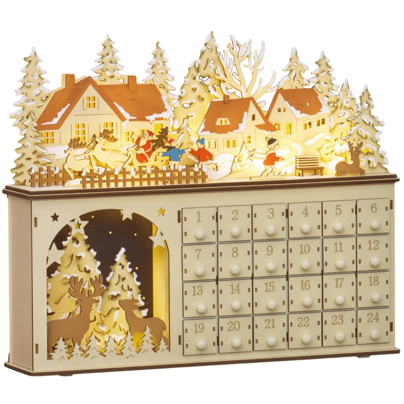 HOMCOM Wooden Christmas Advent Calendar with 24 Countdown Drawers and LED Lights for Kids and Adults, Battery Operated