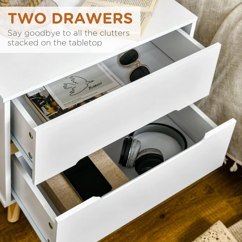 HOMCOM Nightstand, Bedside Table with 2 Drawers, Modern Side End Table with Solid Wood Legs for Bedroom, White