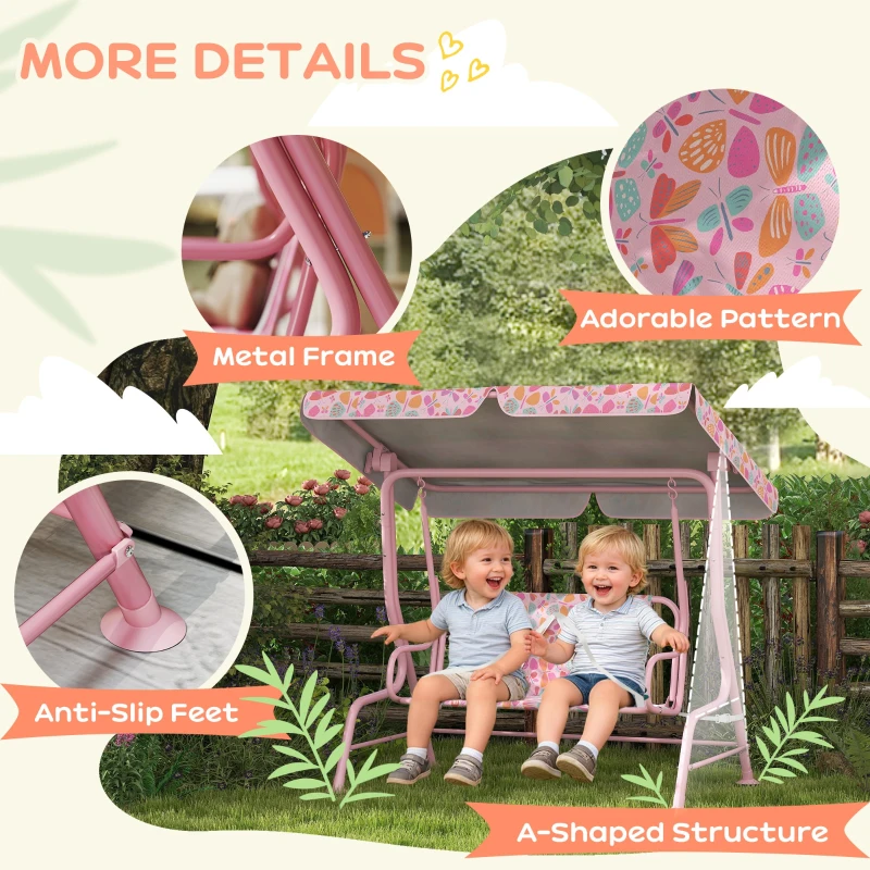 Qaba Kids Patio Swing, 2-Seater Outdoor Porch Swing with Safety Belt and Adjustable Canopy for Backyard Garden, Pink