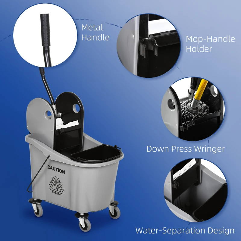 HOMCOM 9.5 Gallon (38 Quart) Mop Bucket with Wringer Cleaning Cart, 4 Moving Wheels, Mop-Handle Holder & 2 Separate Buckets, Gray