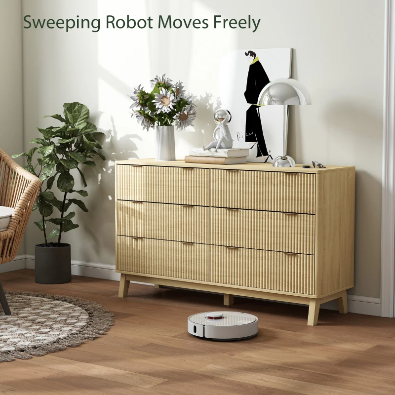 HOMCOM 6 Drawer Double Dresser for Bedroom, Fluted Chest of Drawers with Gold Finger Pulls and 5 Wood Legs, Natural Wood