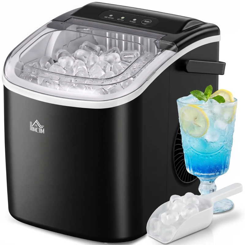 HOMCOM Portable Ice Maker Countertop with Handle, Self Cleaning Ice Maker Machine with Scoop and Basket, 26lbs/24Hrs, Black