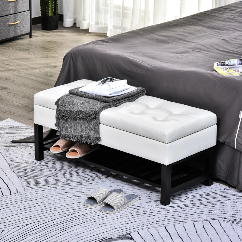 HomCom 44" Tufted Faux Leather Ottoman Storage Bench With Shoe Rack - White