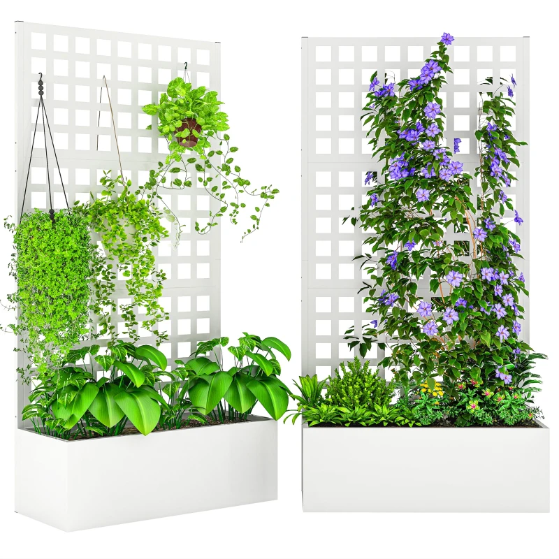 Outsunny Galvanized Raised Garden Bed Planter Box with Trellis for Climbing Plants, Vegetable, Vines, 35" x 16" x 70", White