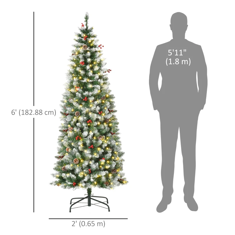 HOMCOM 6 ft Snow-Dipped Pencil Christmas Tree Pre-Lit Holiday Decoration with LED Lights Pine Cones Red Berries Green