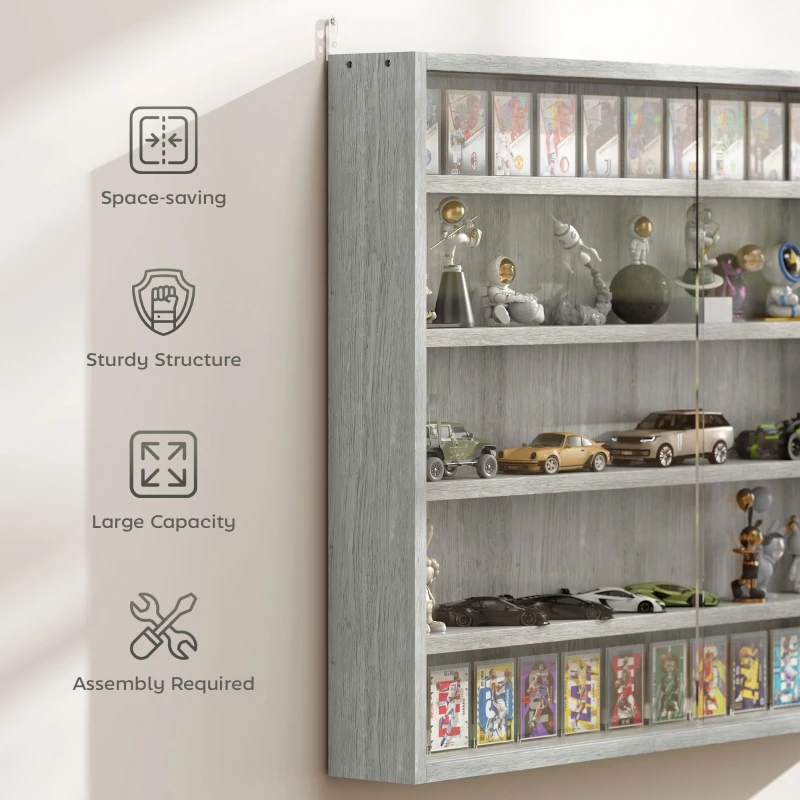 HOMCOM 5-Tier Display Cabinet, Wall-Mounted Display Case with 2 Glass Doors and Adjustable Shelves, Gray