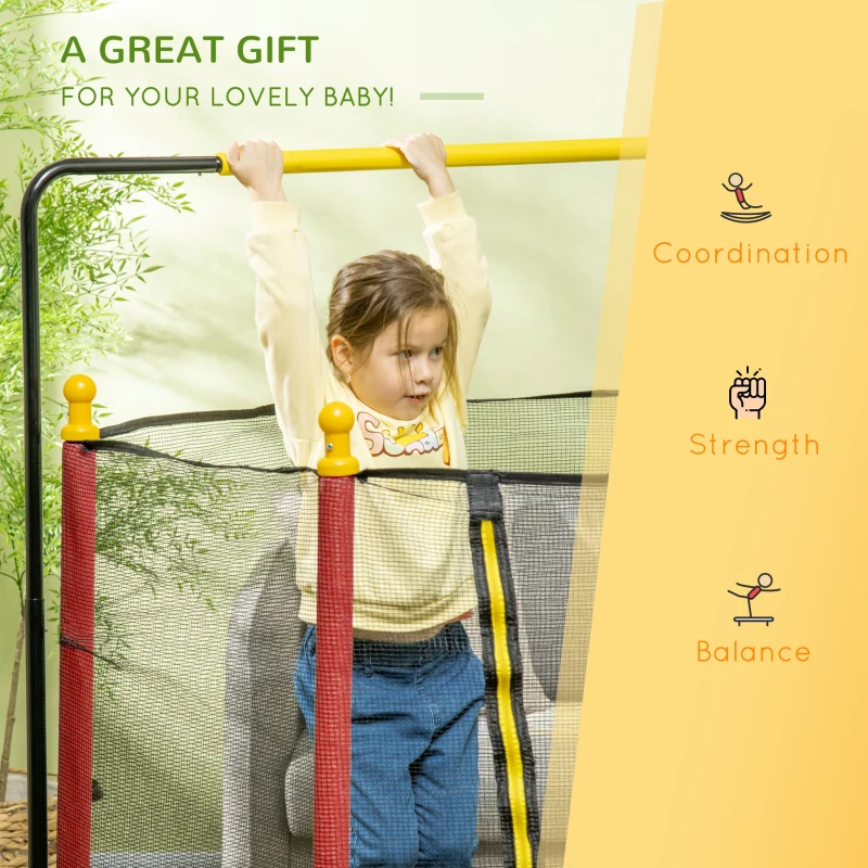 Qaba Kids Trampoline with Net, Basketball Hoop, Horizontal Bar Indoor, Red