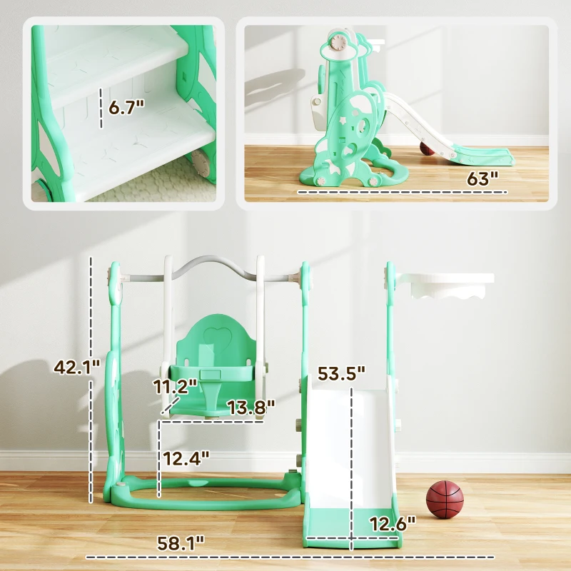 Qaba 4 in 1 Toddler Slide and Swing Set for Ages 1.5-4, Toddler Playset Playground with Climber, Basketball Hoop, Green