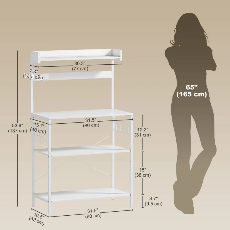 HOMCOM Kitchen Baker's Rack with Power Outlet, Coffee Bar Station with Adjustable Shelves and Hooks, Distressed White