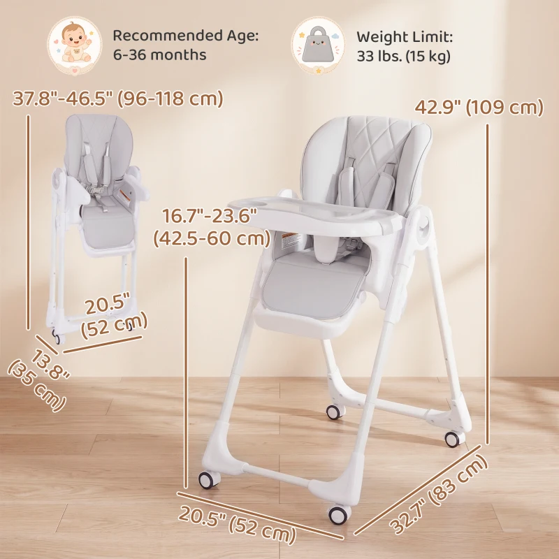 Qaba High Chair with Wheels, Double Tray, Foldable Baby Seat with Adjustable Seat Height, Backrest, Footrest and Tray, Grey