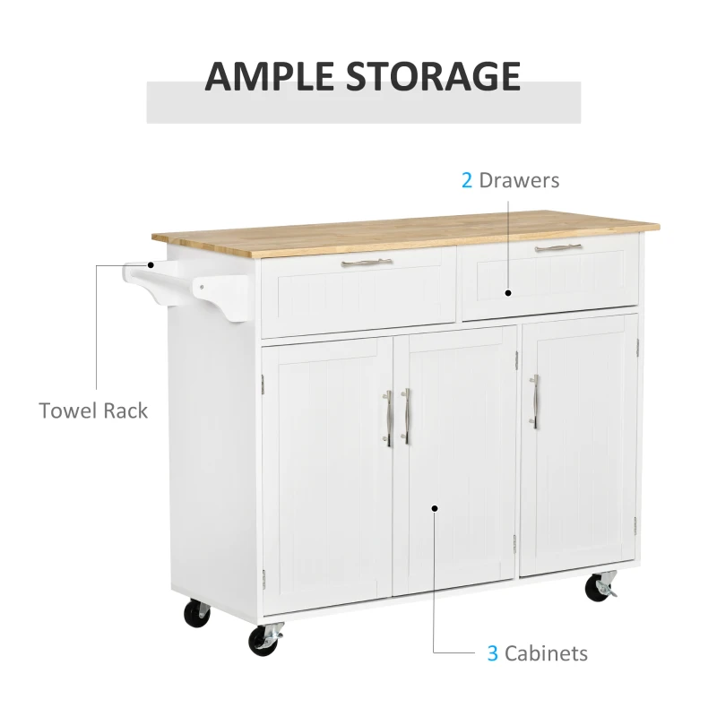 HOMCOM 48" Kitchen Island with Storage and Solid Wood Top, Rolling Kitchen Cart on Wheels with 2 Storage Drawers, 3 Doors and Towel Rack for Dining Room, White