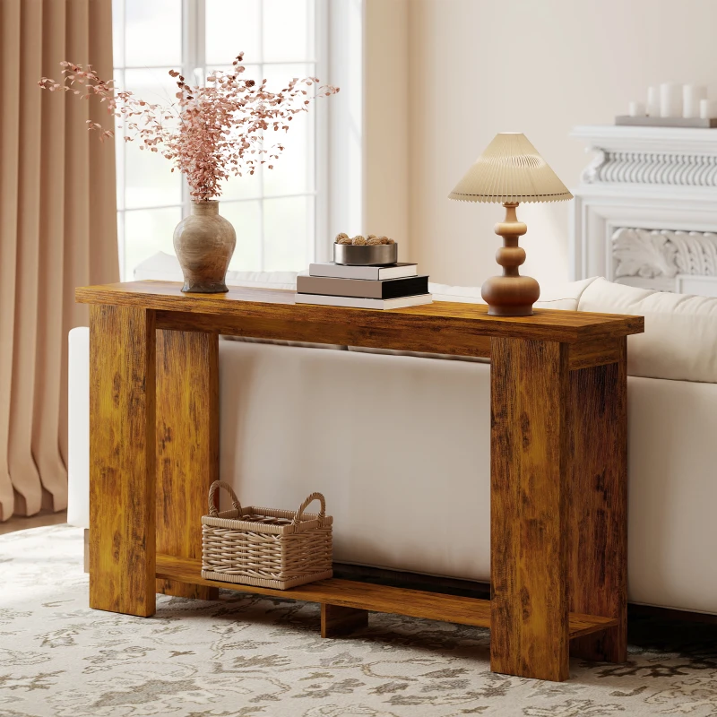 HOMCOM Farmhouse Console Table, 63" Narrow Entryway Table with Thickened Tabletop for Living Room, Hallway, Distressed Brown