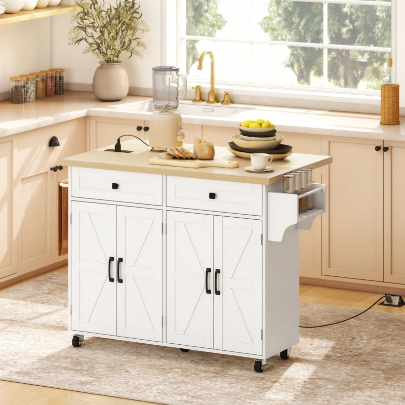 HOMCOM Kitchen Island with Storage, Rolling Kitchen Cart with Charging Station, Drop Leaf, Spice Rack, Towel Rack, Drawers