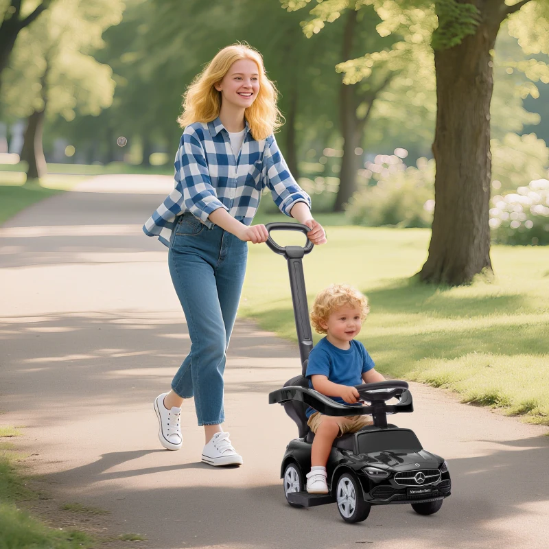 Qaba Licensed Mercedes-Benz Push Car for Toddlers, 2-in-1 Sliding Walking Car with Push Handle, Horn, Guardrail, Black
