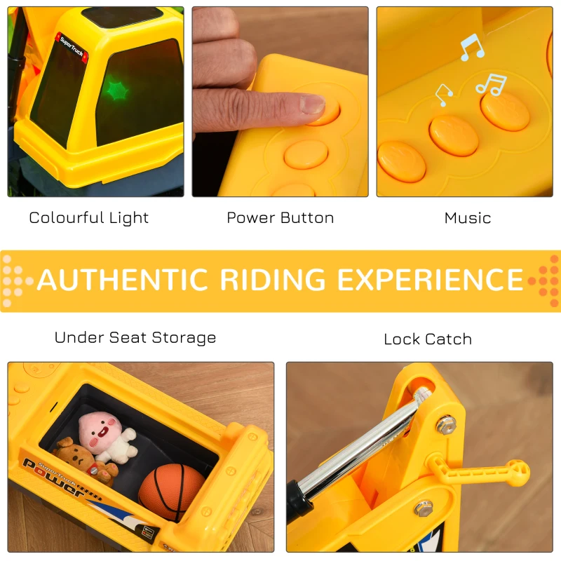 Qaba No Power 2 in 1 Ride On Excavator with Helmet and Claw, Construction Truck Set, Multi-Functional Digger with Storage, Light and Music, Yellow