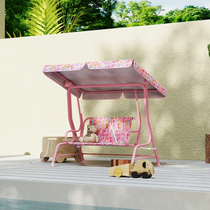 Qaba Kids Patio Swing, 2-Seater Outdoor Porch Swing with Safety Belt and Adjustable Canopy for Backyard Garden, Pink