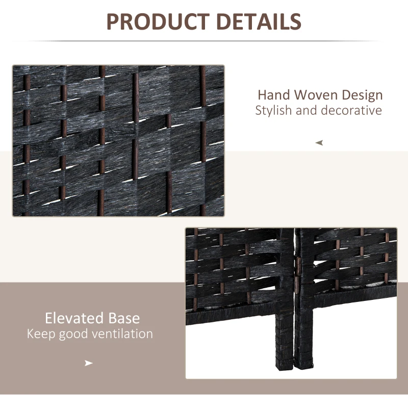 HOMCOM Room Divider 4 Panel, 6FT Tall Folding Privacy Screen, Freestanding Hand-Woven Partition for Room Separation with 360° Hinges, Paper Rope Diamond Weave, Black