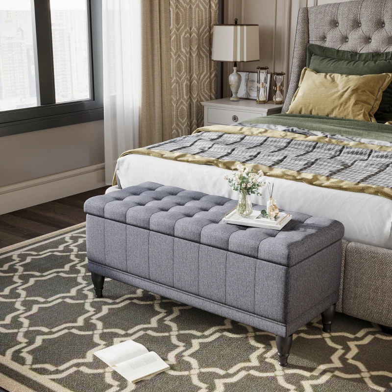 HOMCOM Storage Ottoman, Linen Fabric Button Tufted Storage Bench with Soft Close Lid for Living Room, Entryway or Bedroom, Dark Heather Grey