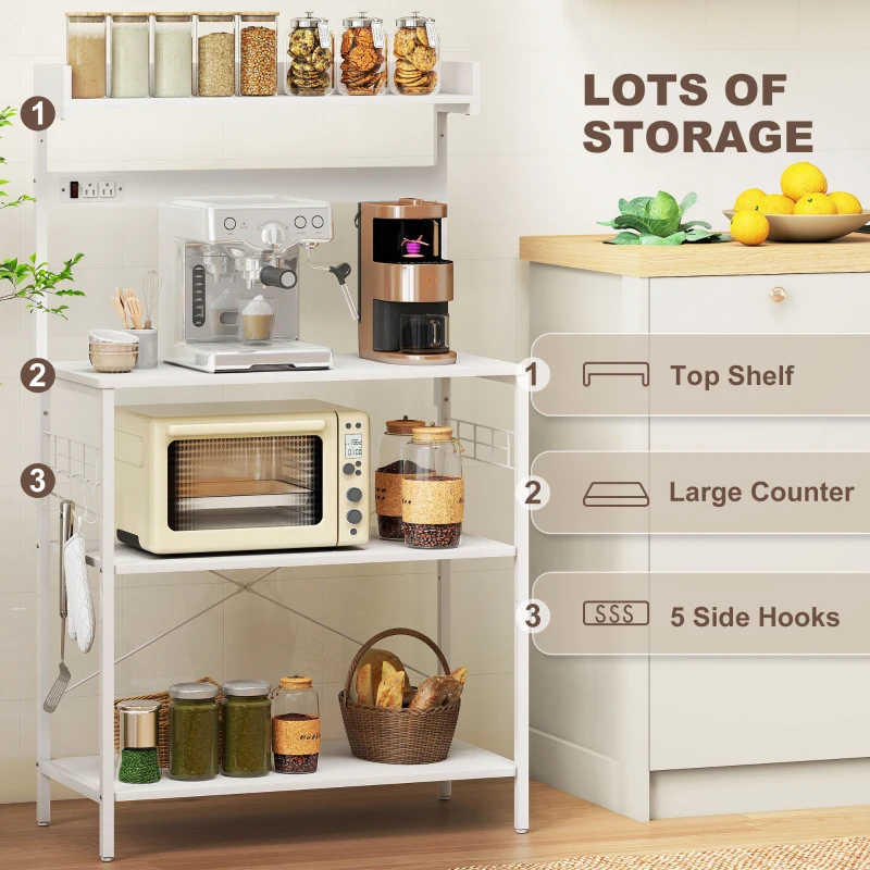 HOMCOM Kitchen Baker's Rack with Power Outlet, Coffee Bar Station with Adjustable Shelves and Hooks, Distressed White