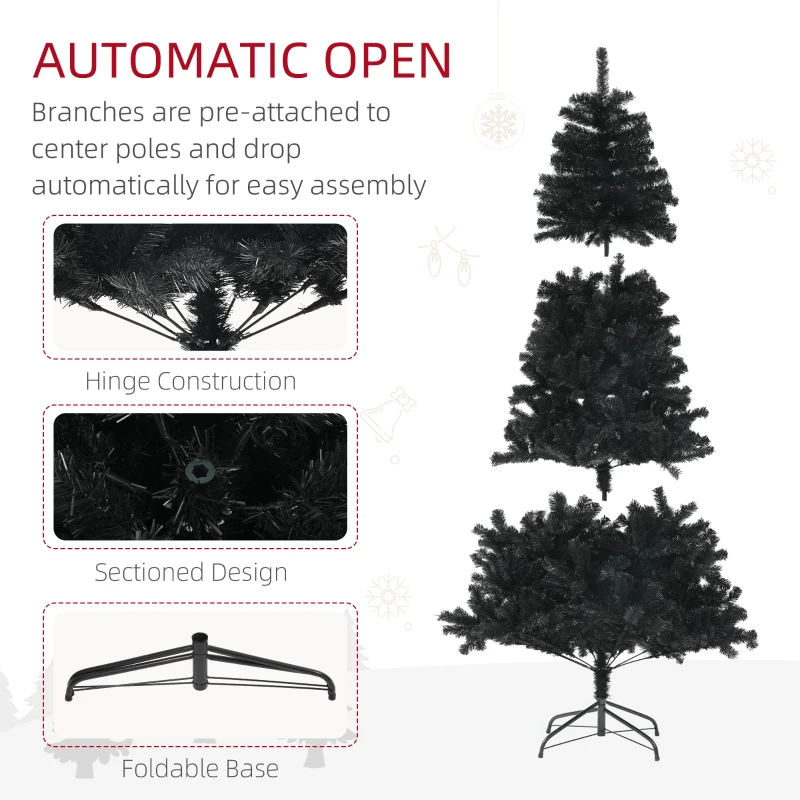 HOMCOM 6ft Unlit Artificial Black Christmas Tree, Holiday Decor with 1000 Branch Tips, Auto Open and Steel Base