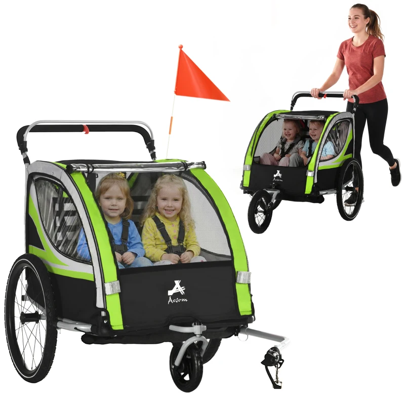 Aosom 3-in-1 Bike Trailer for Kids, Running Stroller with 2 Seats, Jogging Cart with 5-Point Harness, Storage Units, Green