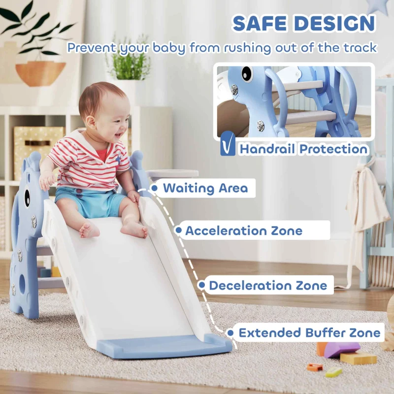 Qaba 3-in-1 Toddler Slide for Age 1-3, Freestanding Kids Slide with Climber, Basketball Hoop and Ball, Giraffe Design, Blue