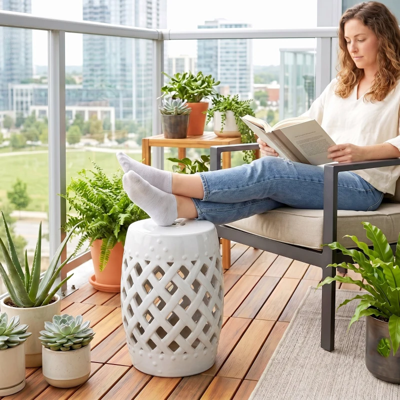 Outsunny 12.5" x 18" Ceramic Garden Stool with Woven Lattice Design & Glazed Strong Materials Decorative Outdoor Stool, White