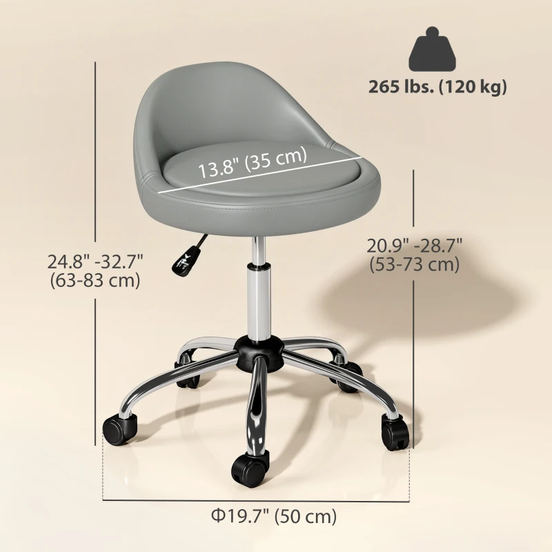 HOMCOM Salon Stool, Adjustable Rolling Stool, Grey