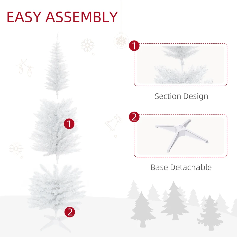 HOMCOM 6ft Unlit Pencil Artificial Christmas Tree with Realistic Branches and 390 Tips, Plastic Base, White