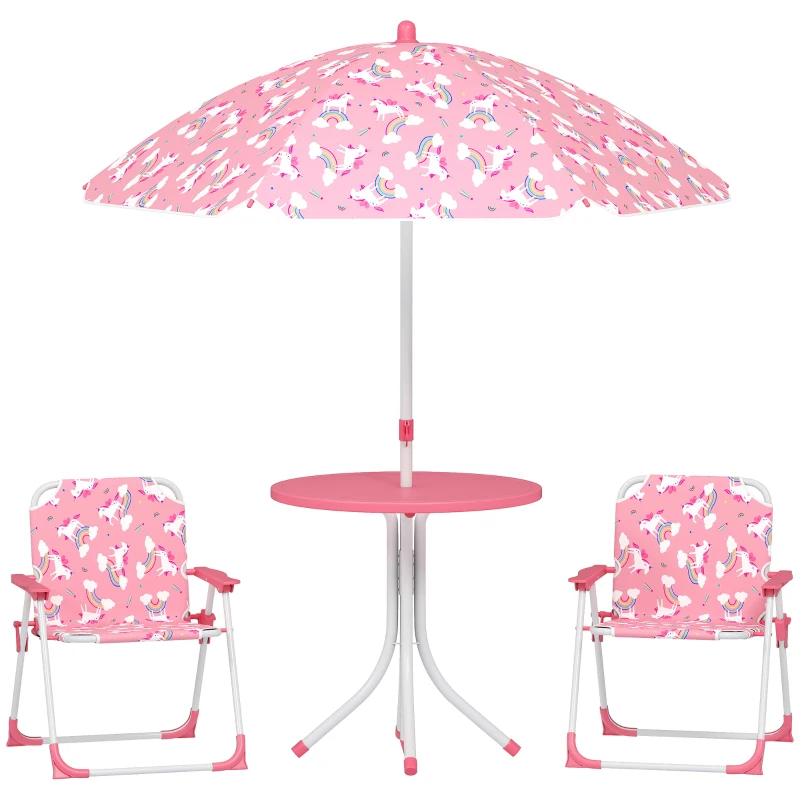 Qaba Kids Picnic Table, Kids Table and Chair Set with 2 Folding Chairs and Umbrella for Backyard, Garden, Patio, Pink
