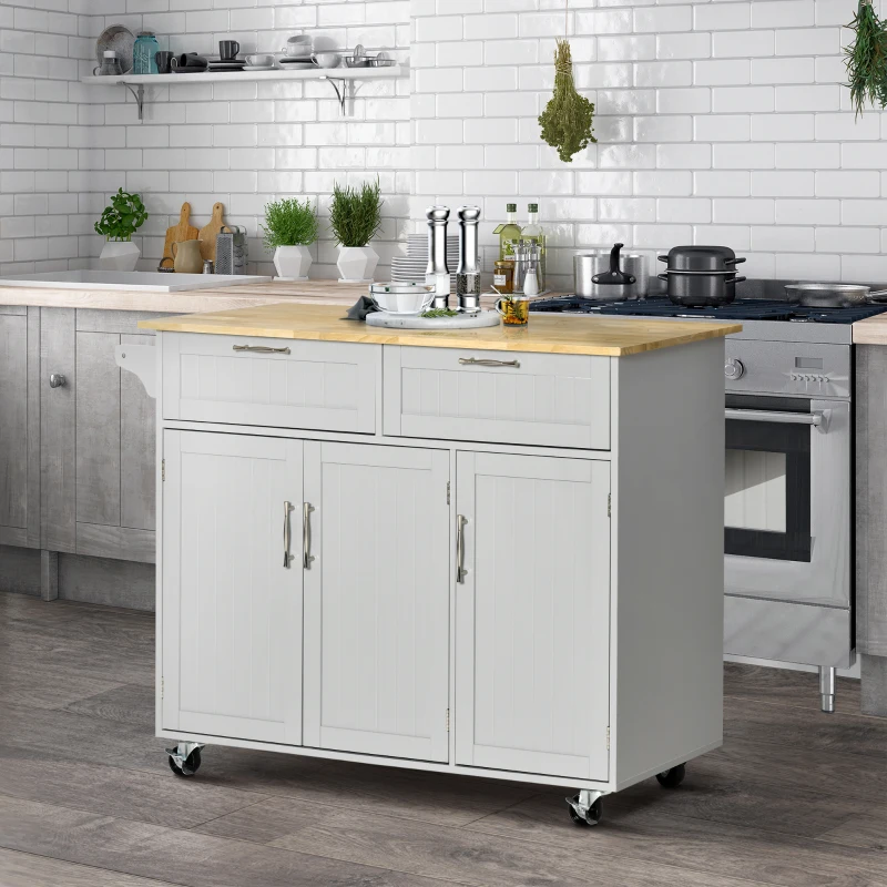 HOMCOM Mobile Kitchen Island with Storage, Kitchen Cart with Wood Top, Storage Drawers, 3-door Cabinets, Adjustable Shelves and Towel Rack, Gray