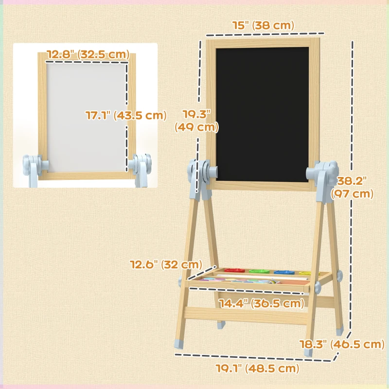 Qaba Wooden Art Easel, Double Sided Kids Easel with Height Adjustable Chalkboard and Magnetic Whiteboard, Natural