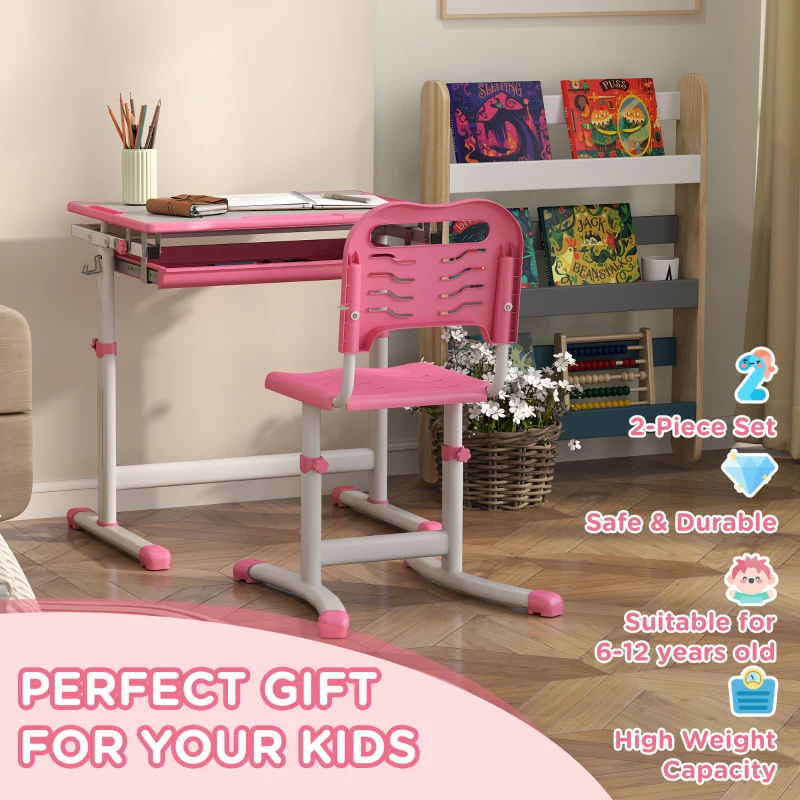 Qaba Height Adjustable Study Table and Chair Set with Drawer, Pen Slot, Tiltable Desktop, Hook, Pink