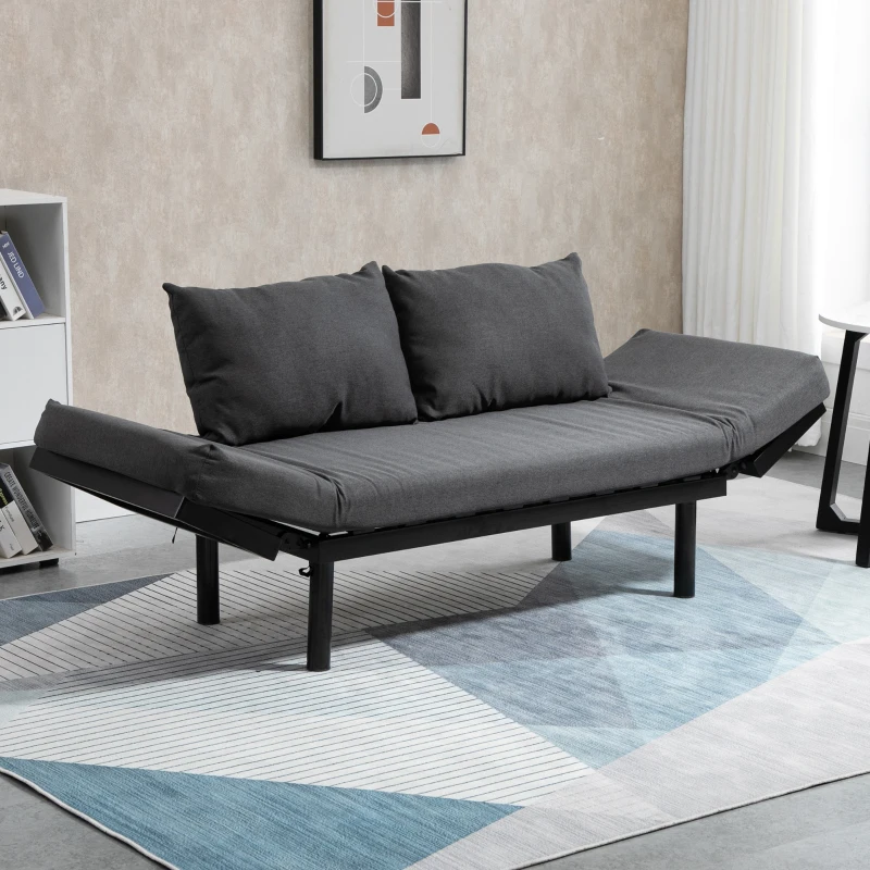 HOMCOM Single Person Chaise Lounger, Modern Sofa Bed with 5 Adjustable Positions, 2 Large Pillows, and Birch Legs, Charcoal Grey