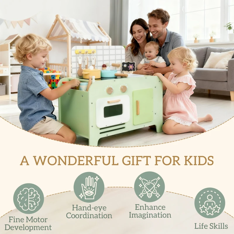 Qaba Kids Kitchen Playset with 15 Accessories, Microwave Oven, Cabinets, for Boys and Girls Ages 3+, Green