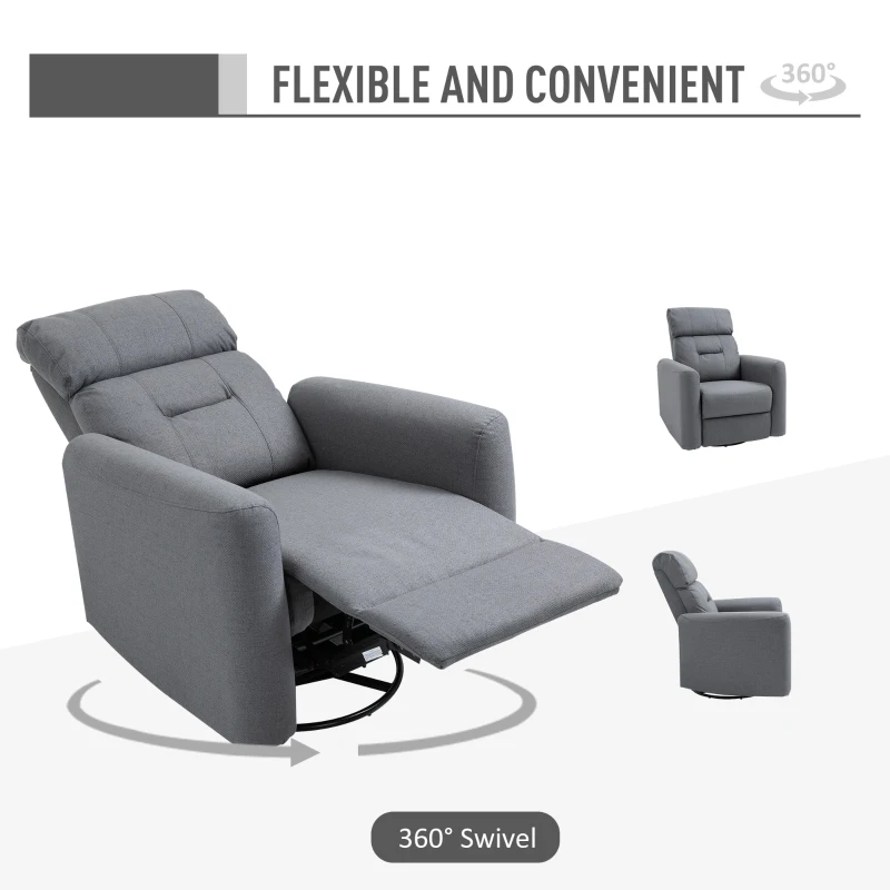 HOMCOM Manual Recliner Swivel Rocker Chair Theater Chair Single Sofa with Linen Fabric for Living Room Bedroom, Grey
