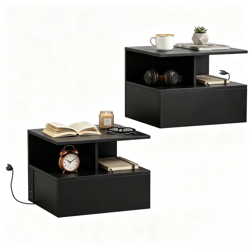 HOMCOM Floating Nightstand Set of 2, Wall Mounted Bedside Table with with Power Outlets, Drawer and Shelf, Black