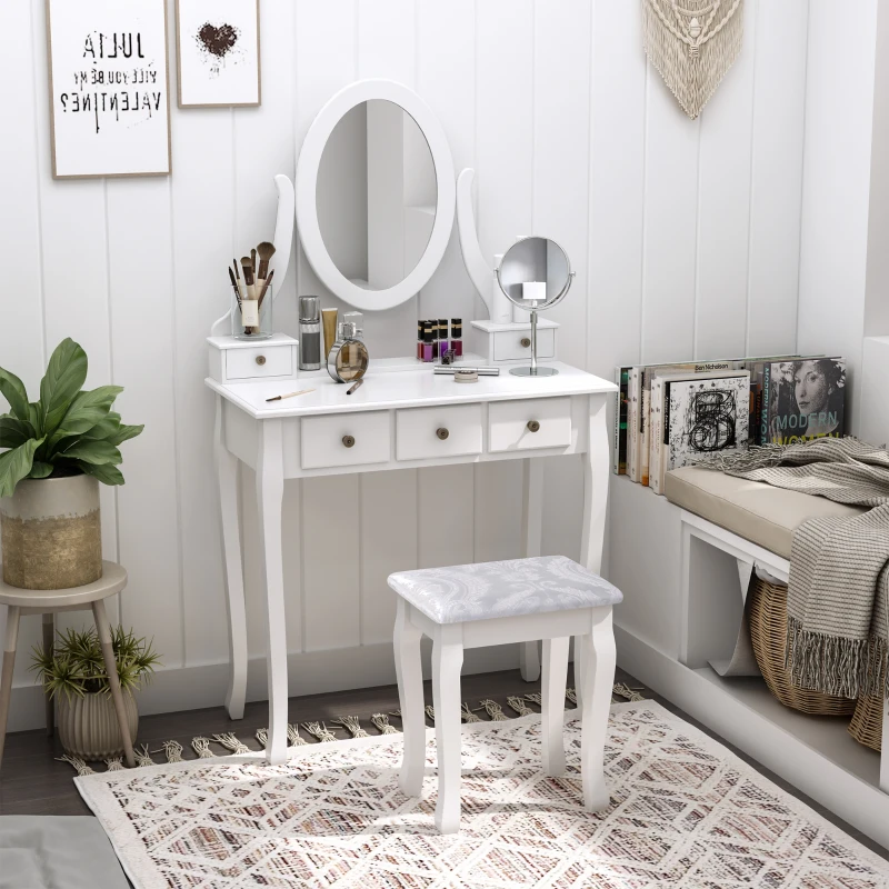 HOMCOM Wooden Vanity Table Set, Makeup Dressing Table with 360° Rotating, 5 Drawers and Padded Stool, White