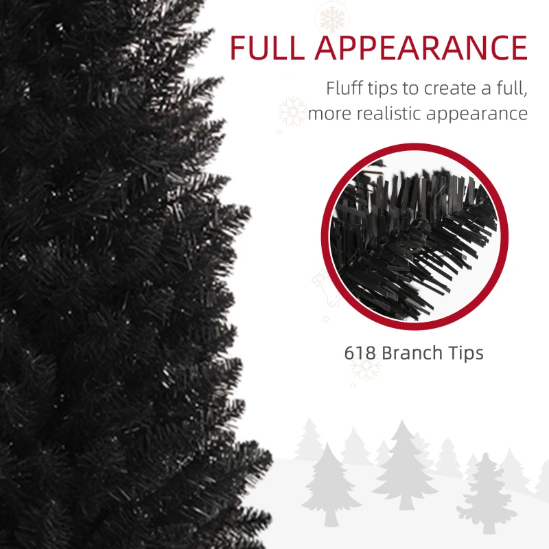 HOMCOM 8ft Unlit Pencil Artificial Christmas Tree with Realistic Branches and 618 Tips, Plastic Base, Black
