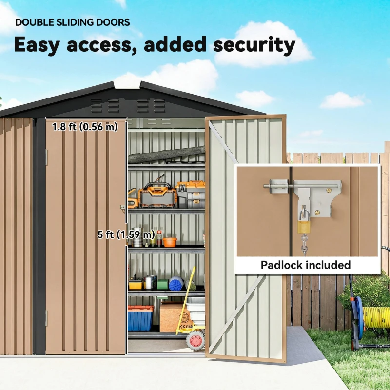 Outsunny 6.5' x 4'  Outdoor Storage Shed, Metal Garden Shed with Lockable Double Doors, 4 Vents, Brown