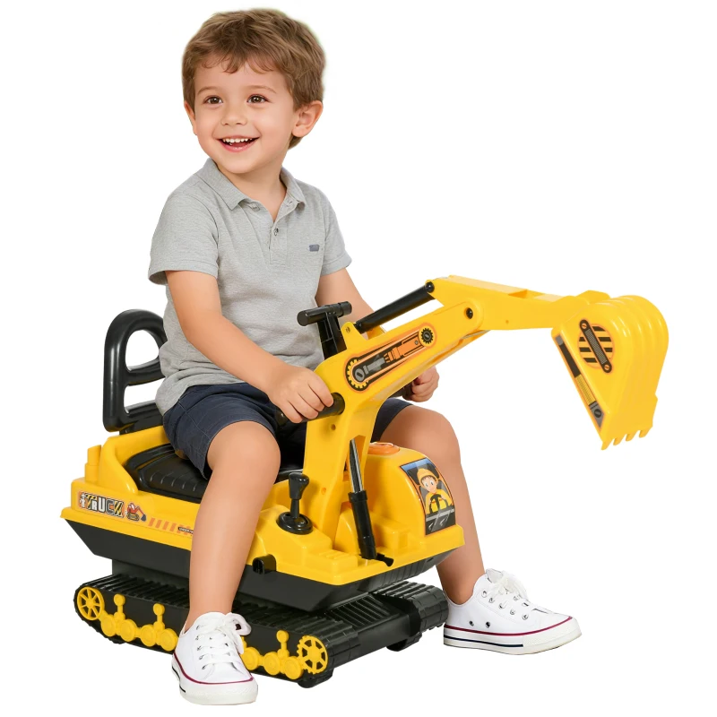 Qaba Kids Ride-on Excavator with Digger, Pretend Play Construction Truck with Under Seat Storage, Realistic Sound, Treaded Wheels, No Power Design