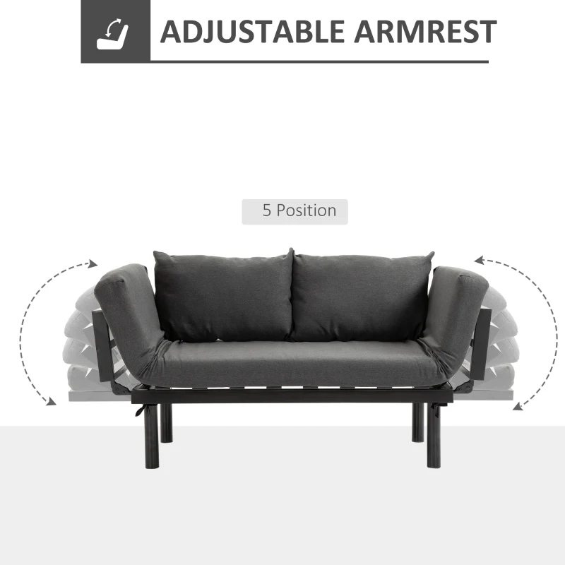 HOMCOM Single Person Chaise Lounger, Modern Sofa Bed with 5 Adjustable Positions, 2 Large Pillows, and Birch Legs, Charcoal Grey