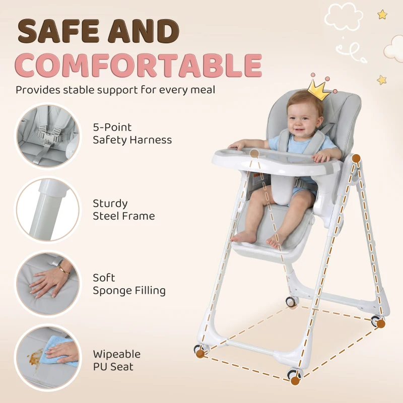 Qaba High Chair with Wheels, Double Tray, Foldable Baby Seat with Adjustable Seat Height, Backrest, Footrest and Tray, Grey